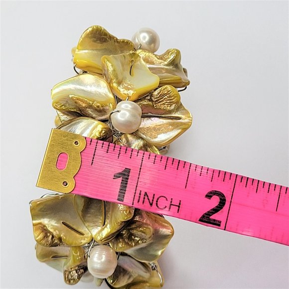 Yellow Shell and Pearl Adjustable Cuff Bracelet Bangle - NEW - Picture 12 of 13